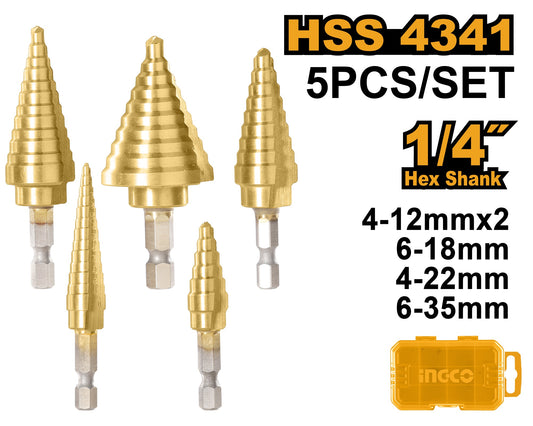 INGCO 5pc HSS Step Drill set (2X 4-12, 6-18, 4-22, 6-35mm) AKSDS2051