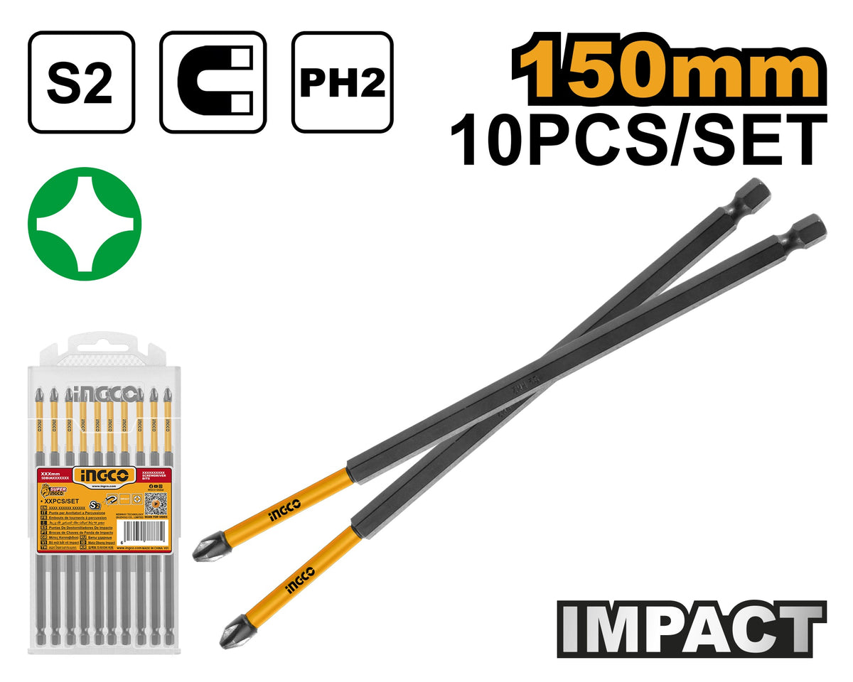 INGCO 10pcs Single End Impact Screwdriver Bit, (+)2X150mm SDBIM11PH263