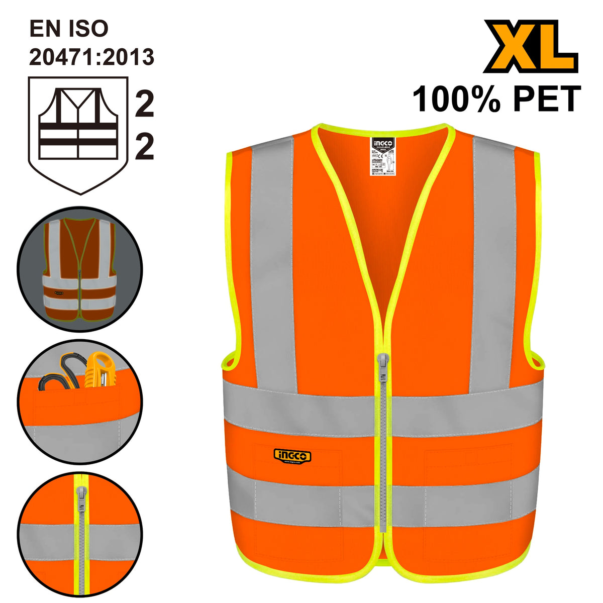 INGCO Reflective Vest W/2POCKET Fluorescent Orange EN471 Class 2 XL RV82XL