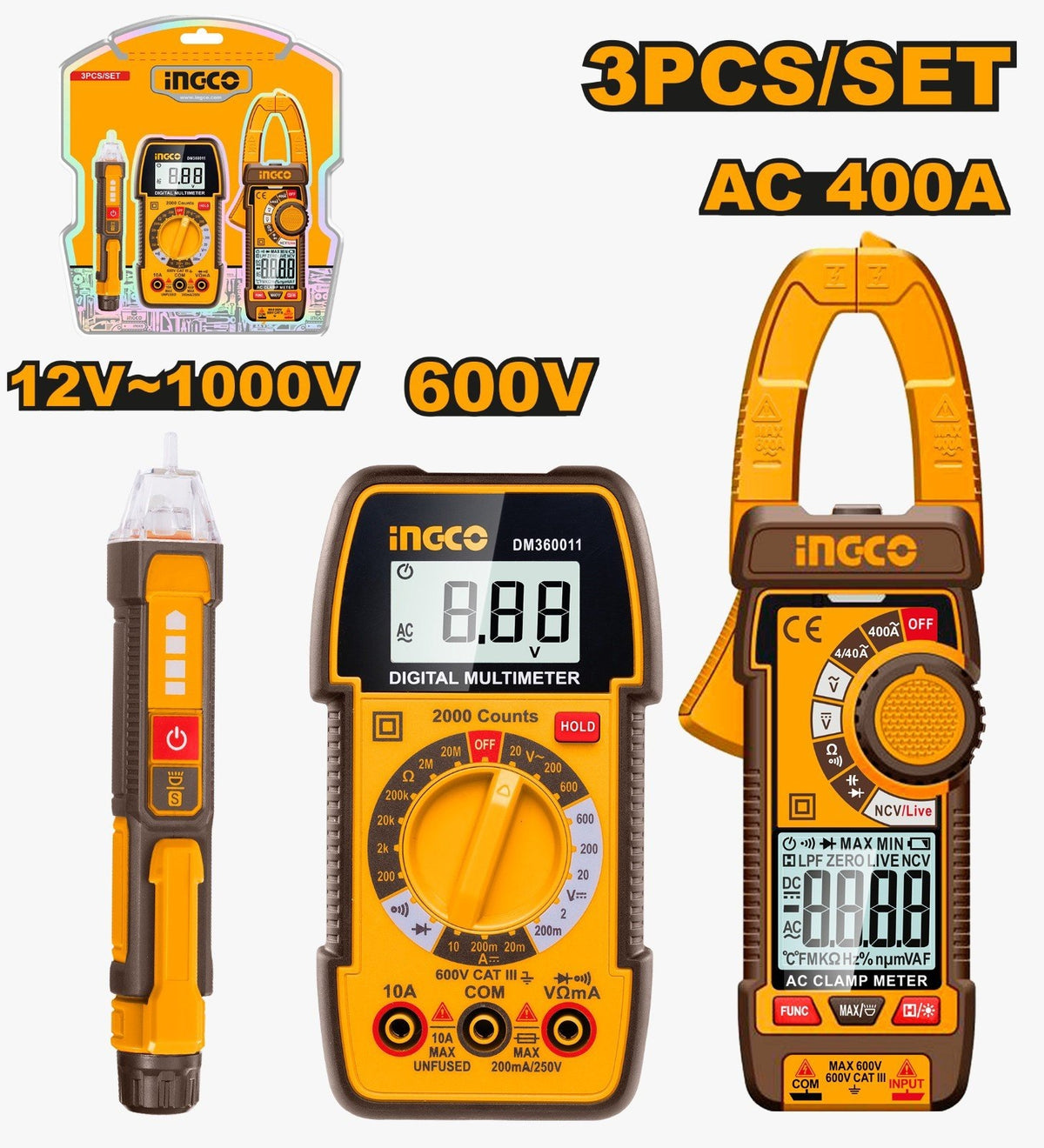 INGCO 3pc Digital Multimeter AC Clamp Meter & Detector Test Kit DM3068