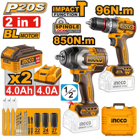 INGCO 2pcs 850Nm 1/2" Impact Wrench + 96Nm Impact Drill set COSLI250586