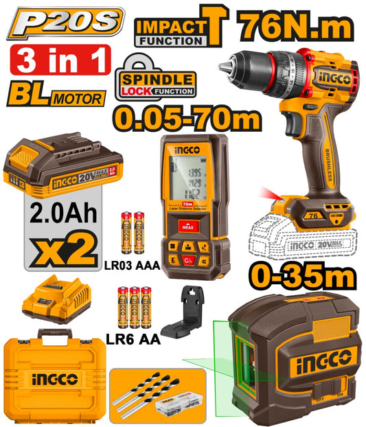 INGCO 3pcs 76Nm Impact Drill+laser LEVELLER+70m Distancer set COSLI250511