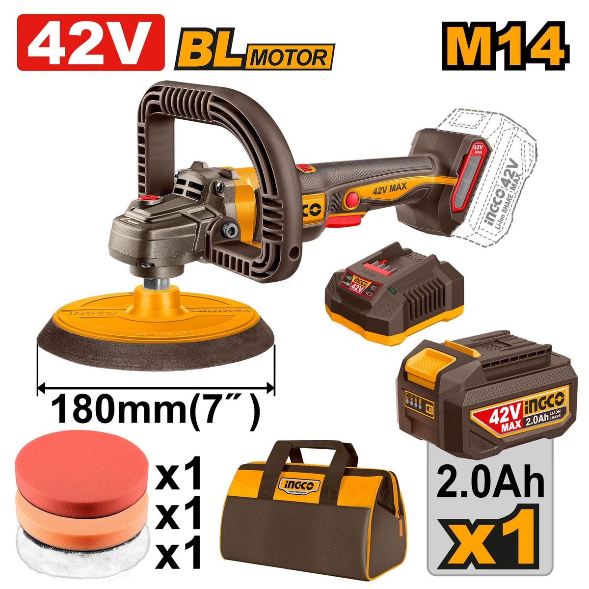 INGCO 42V BL 7" Polisher 1X2.0Ah & Bag APLI42181