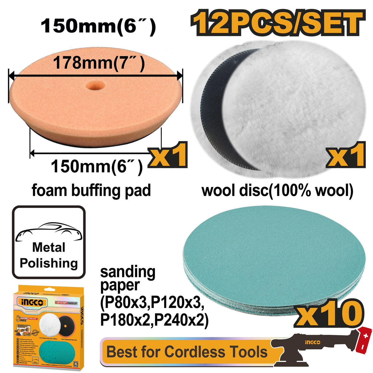 INGCO 12pcs 150mm Polishing Pad & Gringing set APG15012