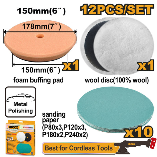 INGCO 12pcs 150mm Polishing Pad & Gringing set APG15012