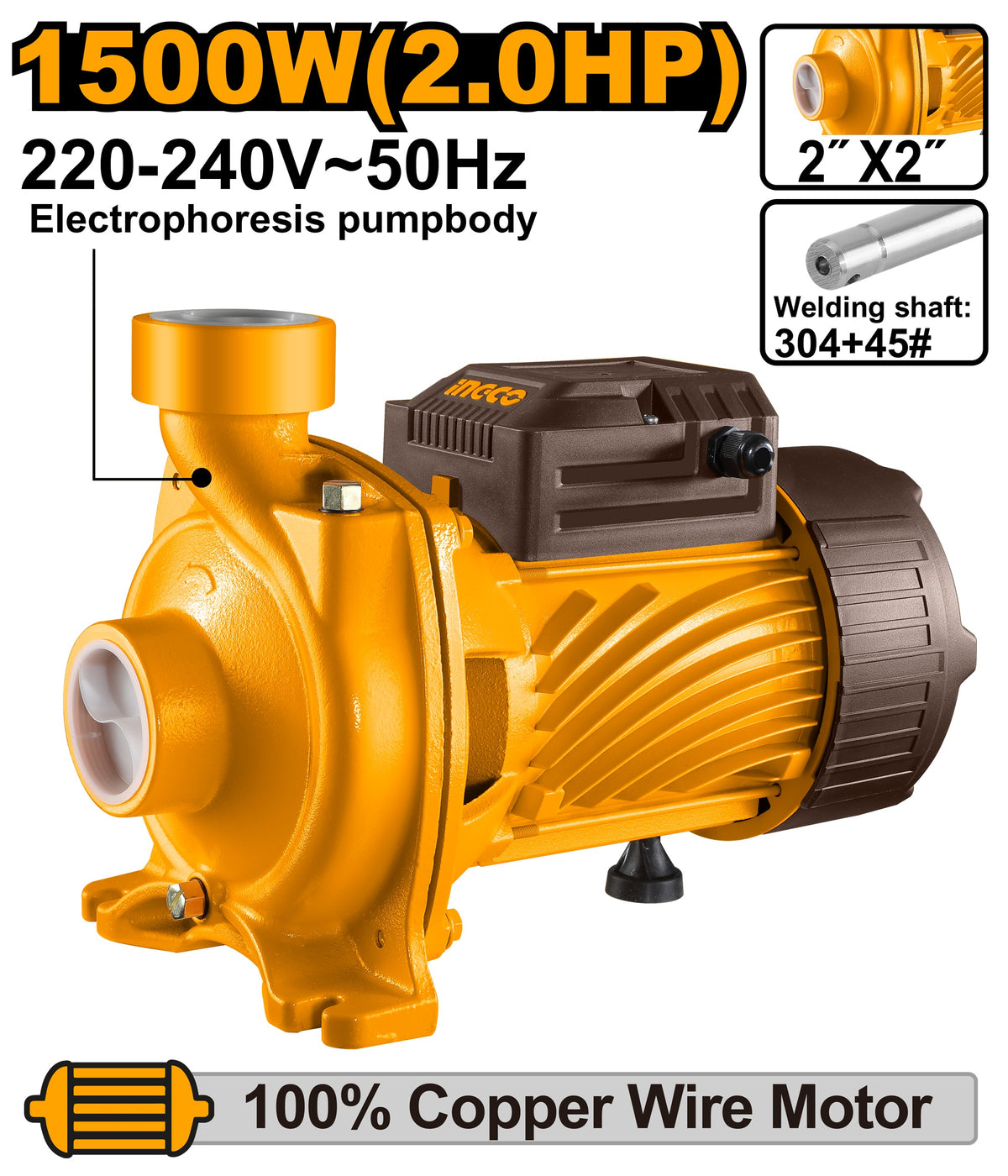 INGCO Centrifugal Pump 1500W 2"X2" Max Head 20m Max Flow 500L/M MHF150068