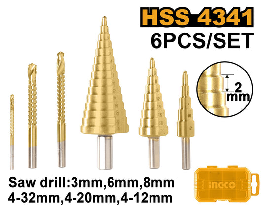 INGCO 3pc HSS Stepdrill 4-12,4-20,4-32mm & 3pcs Sawdrill 3,6,8mm AKSDS2061