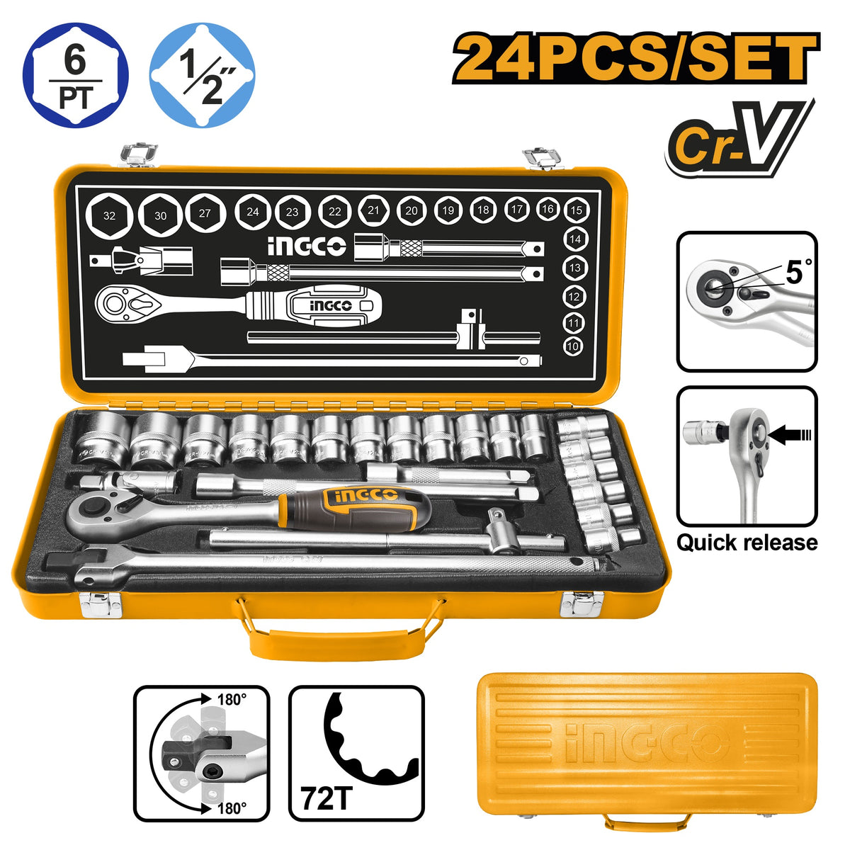 INGCO 24pcs 1/2" DR. Socket set 10-32mm Metal Box HKTS12242