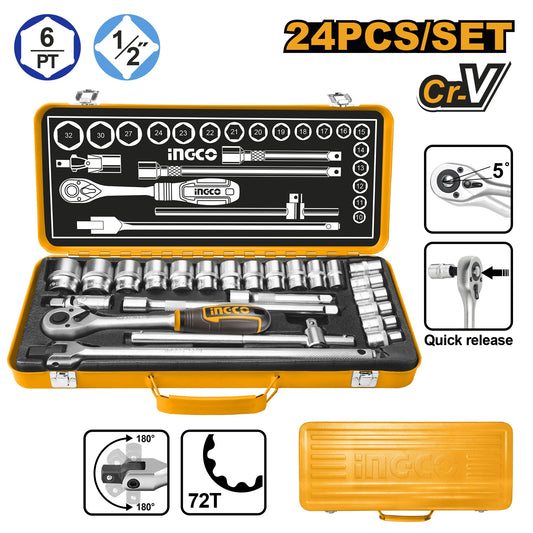 INGCO 24pcs 1/2" DR. Socket set 10-32mm Metal Box HKTS12242