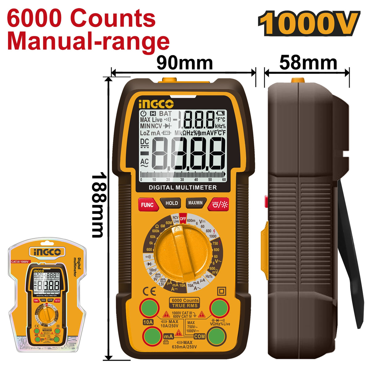INGCO Digital Multimeter 1000V 6000 Count Manual Ranged DM310002