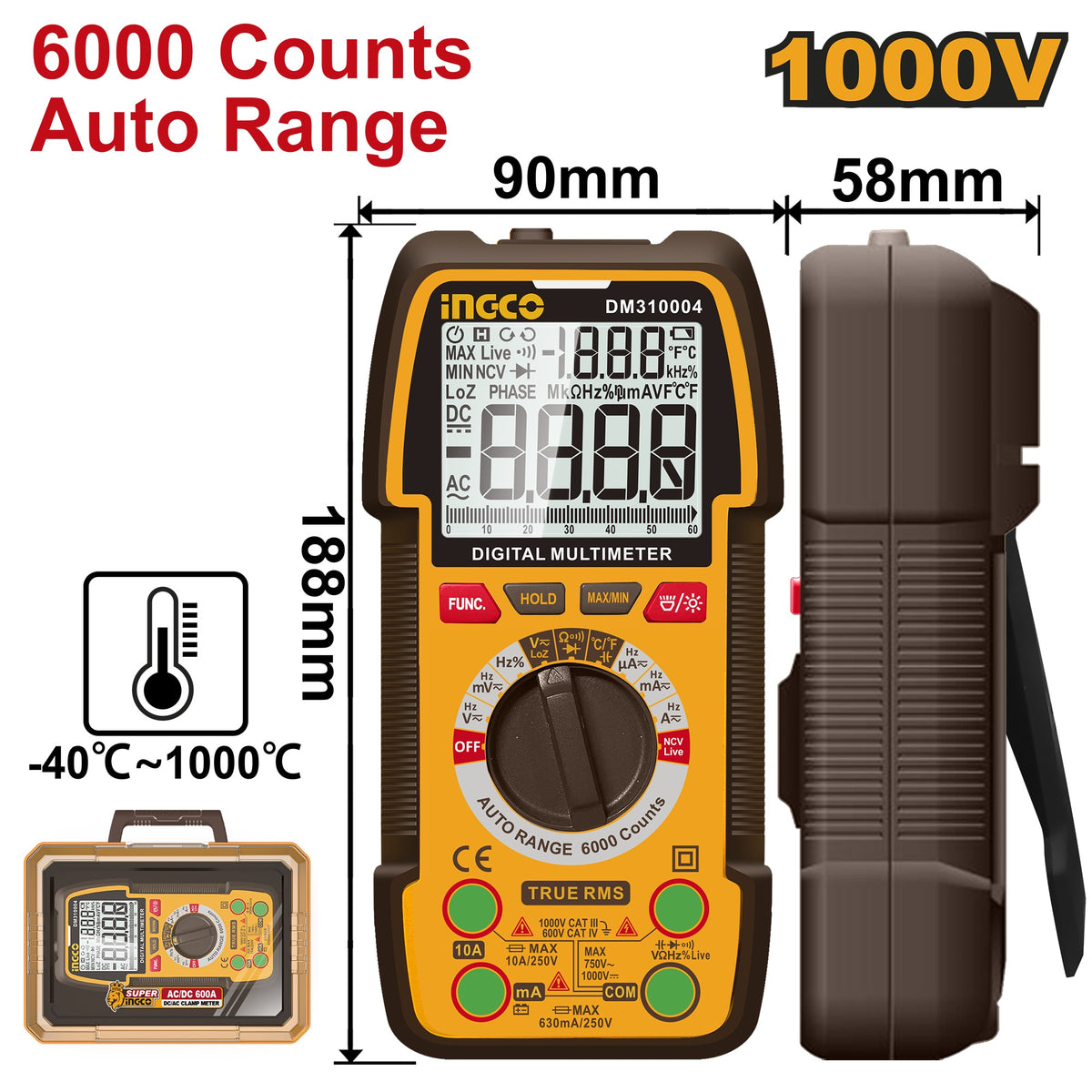 INGCO Digital Multimeter 1000V 6000 Count Auto Range DM310004