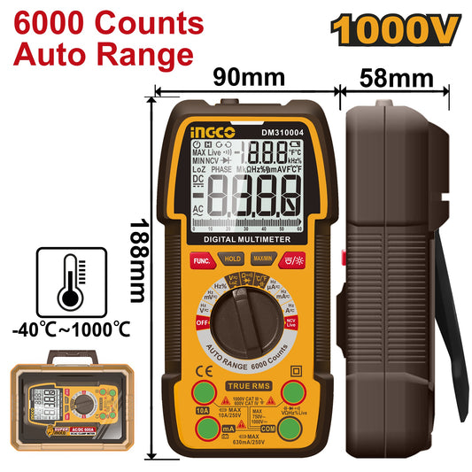 INGCO Digital Multimeter 1000V 6000 Count Auto Range DM310004