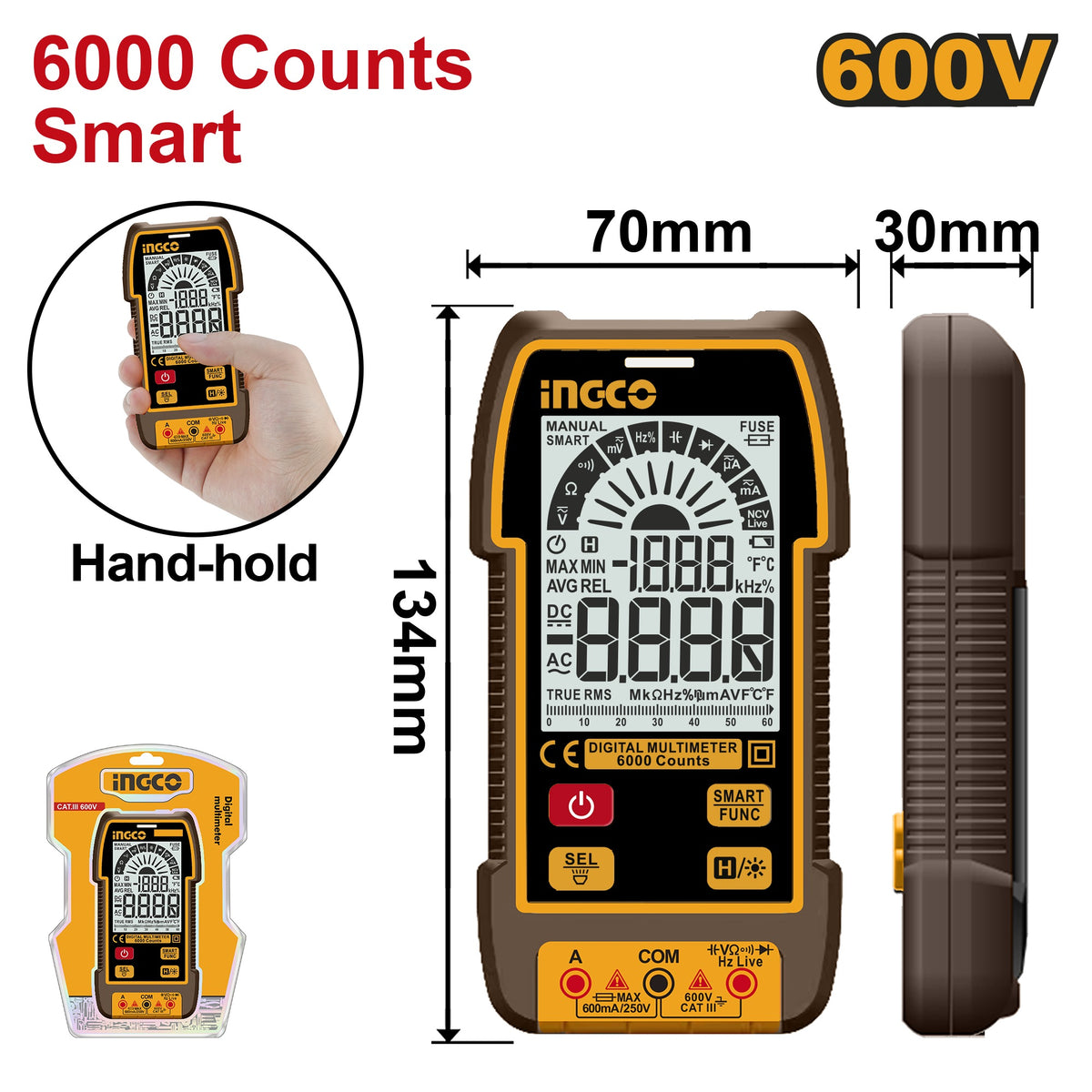 INGCO Digital Multimeter 600V 6000 Count Smart DM16004