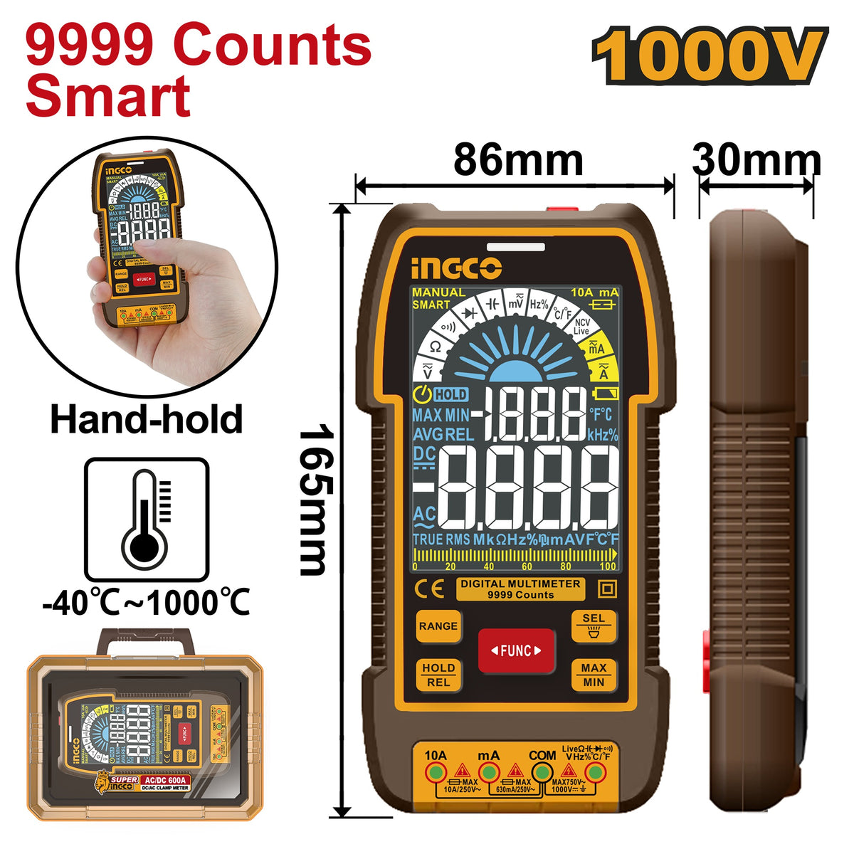 INGCO Digital Multimeter 1000V 9999 Count Smart DM110004