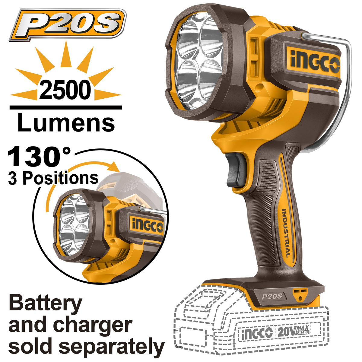 INGCO 20V LI-ION Work Lamp 22.55W 2500 Lumens (Bare Unit) CWLI20885