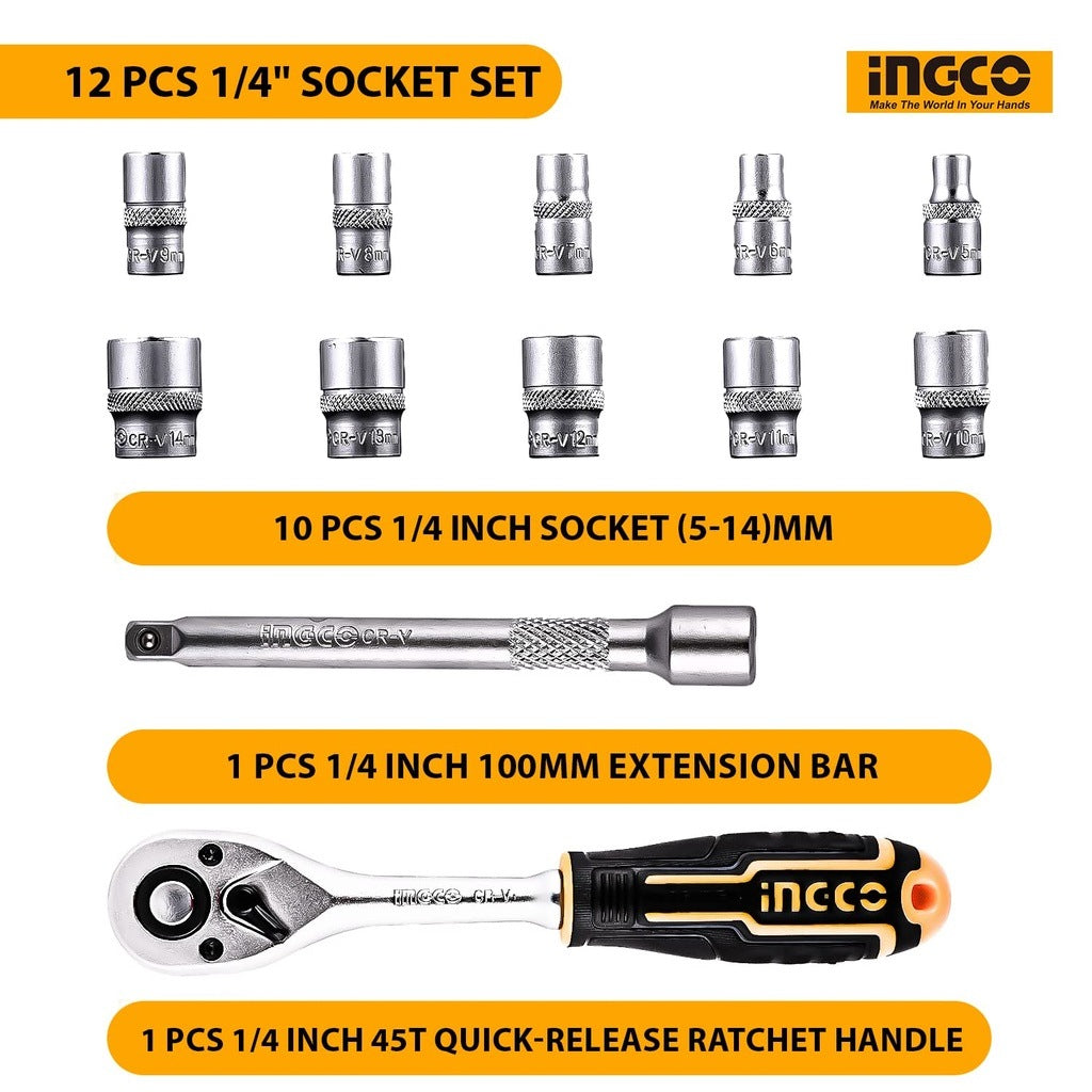 INGCO 27pcs 1/4" DR. Socket set 4-14mm W/72T Ratchet Handle HKTS14271 – view 2