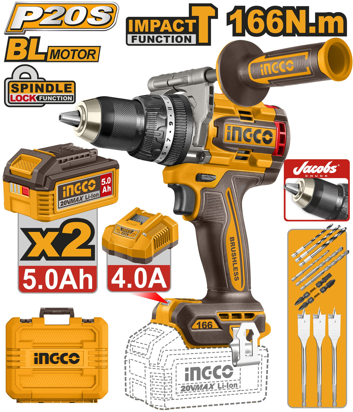 INGCO 20V BL Heavy Duty Impact Drill 166Nm 2X5 Ah + Bits & Case CIDLI201668