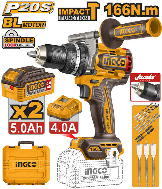 INGCO 20V BL Heavy Duty Impact Drill 166Nm 2X5 Ah + Bits & Case CIDLI201668
