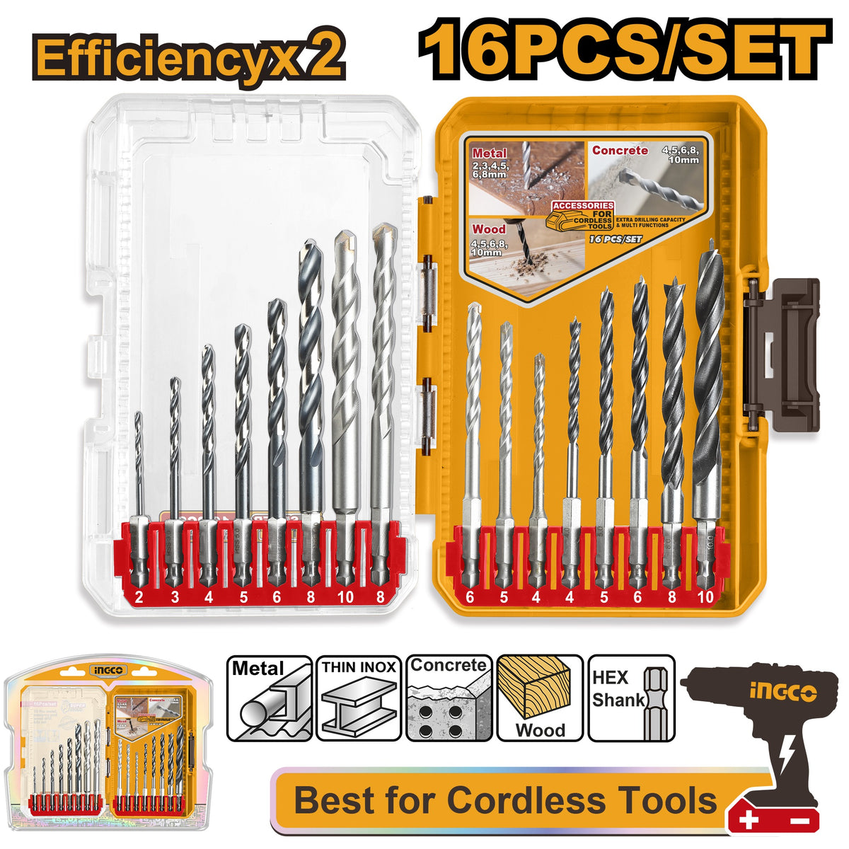 INGCO 16pcs Metal Masonry & Wood Drill Bit set AKDL11608