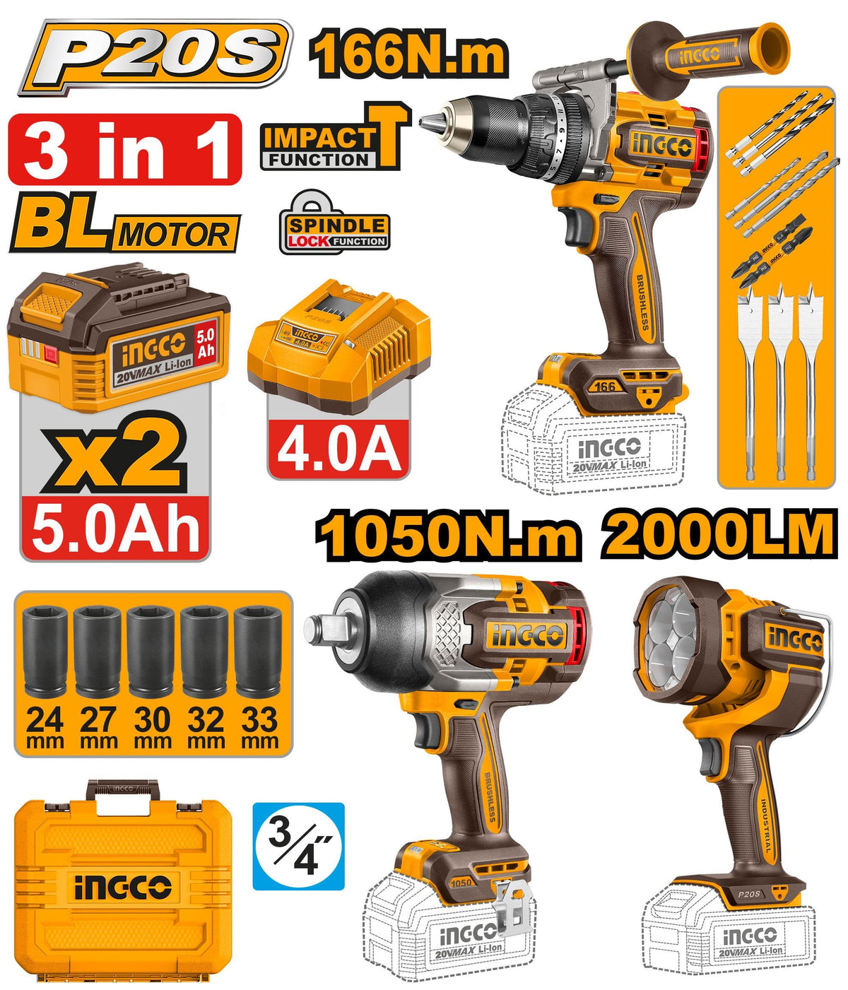 INGCO 3pc 1050Nm Impact WRENCH+166Nm Impact DRILL+2000LUM Lamp COSLI250882