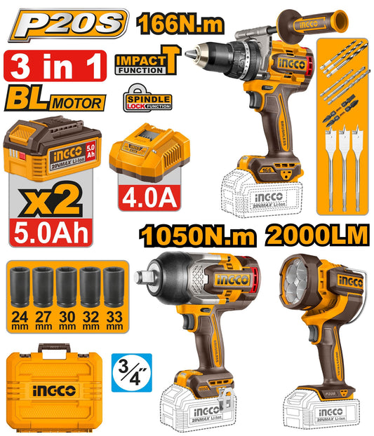 INGCO 3pc 1050Nm Impact WRENCH+166Nm Impact DRILL+2000LUM Lamp COSLI250882