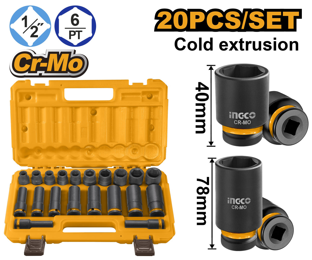 INGCO 20pcs 1/2"DR CR-MO Std & Deep Impact Socket set 10-24mm HKISSD12203L