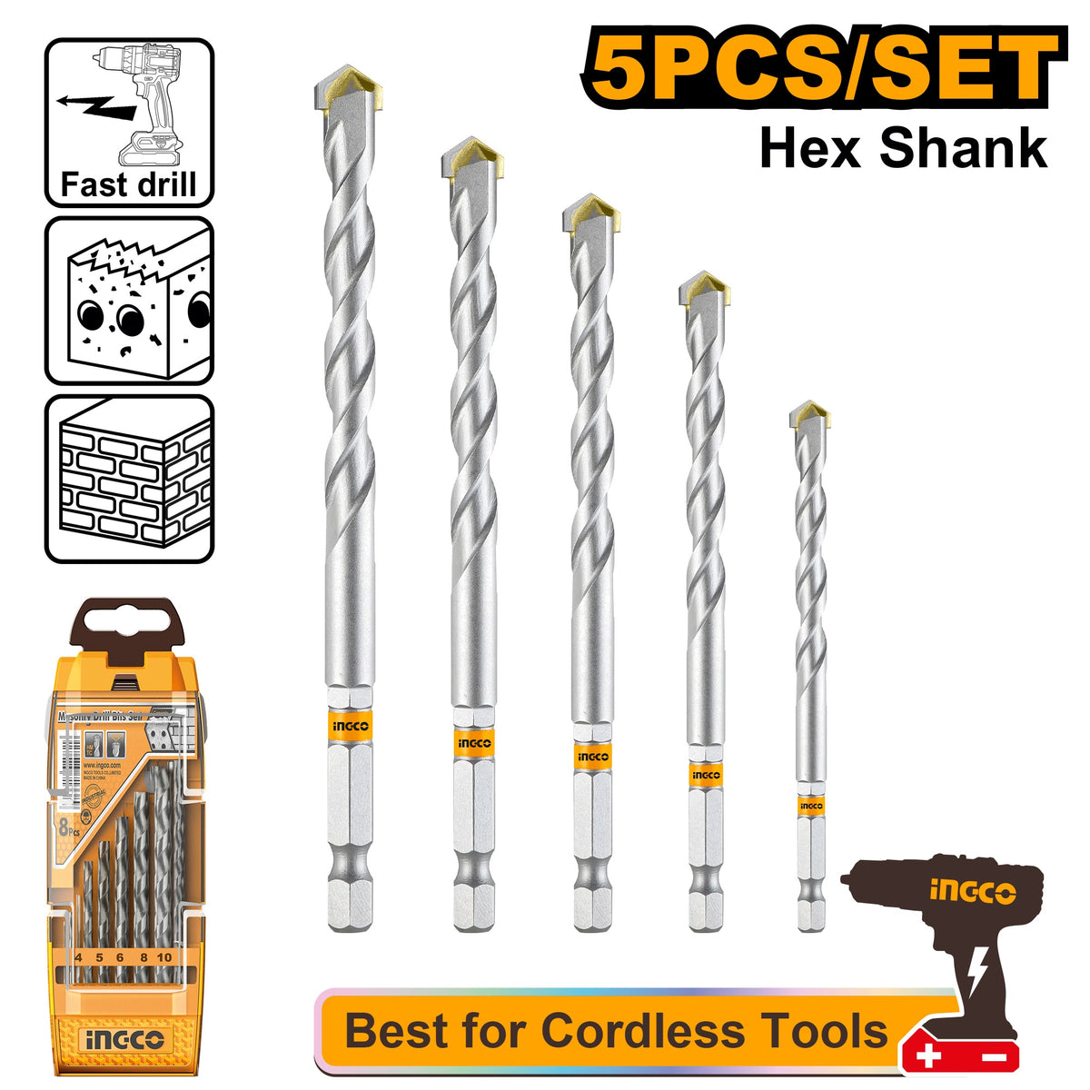 INGCO 5pcs Top Efficient Masonery Drill Bit set 4,5,6,8 & 10mm AKDB6055