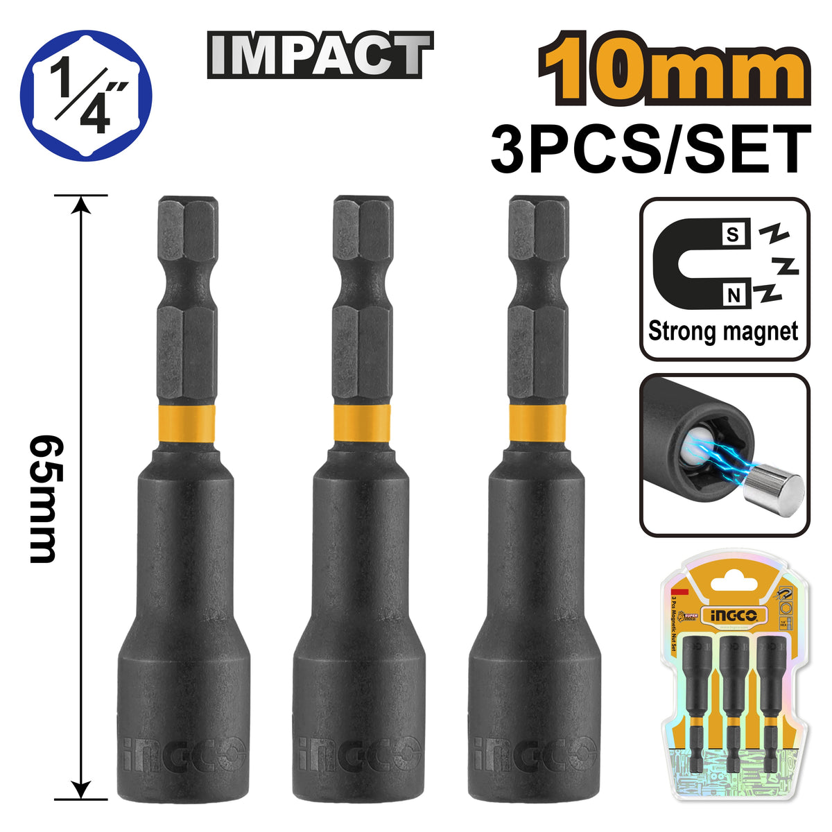 INGCO 3 pcs Impact Magnetic Nut set Adaptor 10mm AMN1031