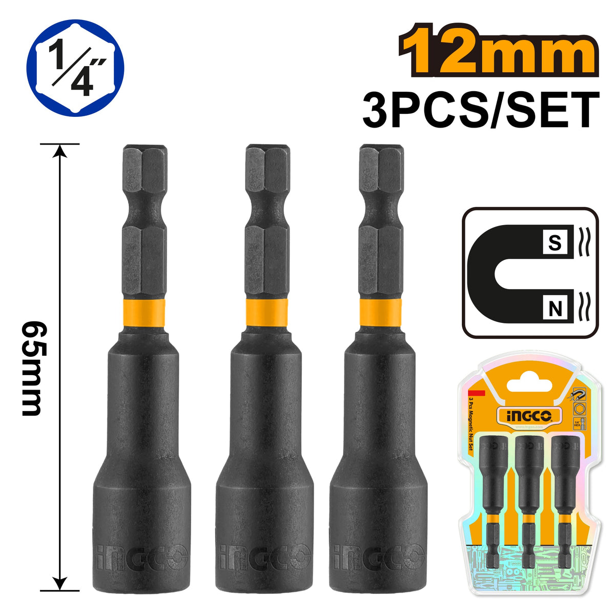 INGCO 3 pcs Impact Magnetic Nut set Adaptor 12mm AMN1231