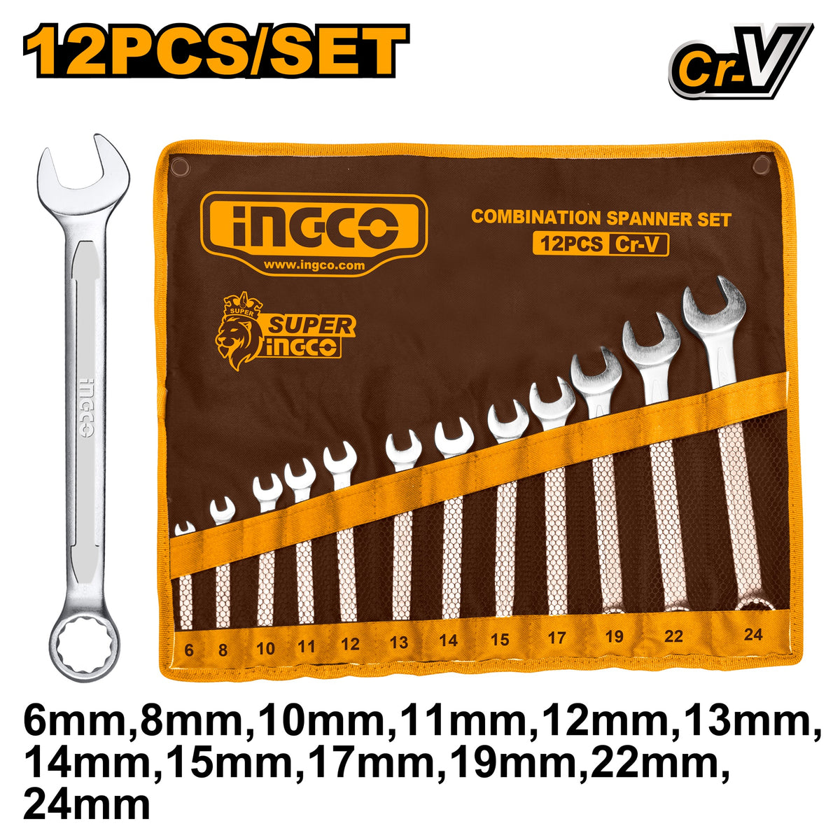 INGCO 12pcs Cr.v Combination Spanner set 6-24mm HKSPA1142