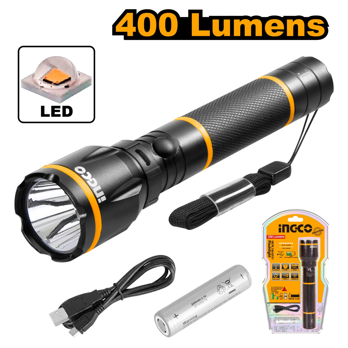 INGCO Aviation Grade Alu Alloy Flashlight 18650 BATT.450 Lumens HCFL1865051