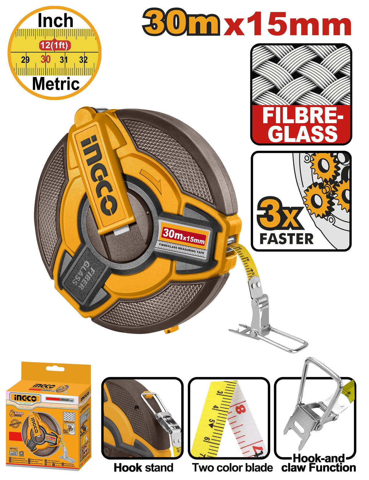 INGCO Fiberglass Measuring Tape 30m/100FT 15mm Blade Width HFMT1830