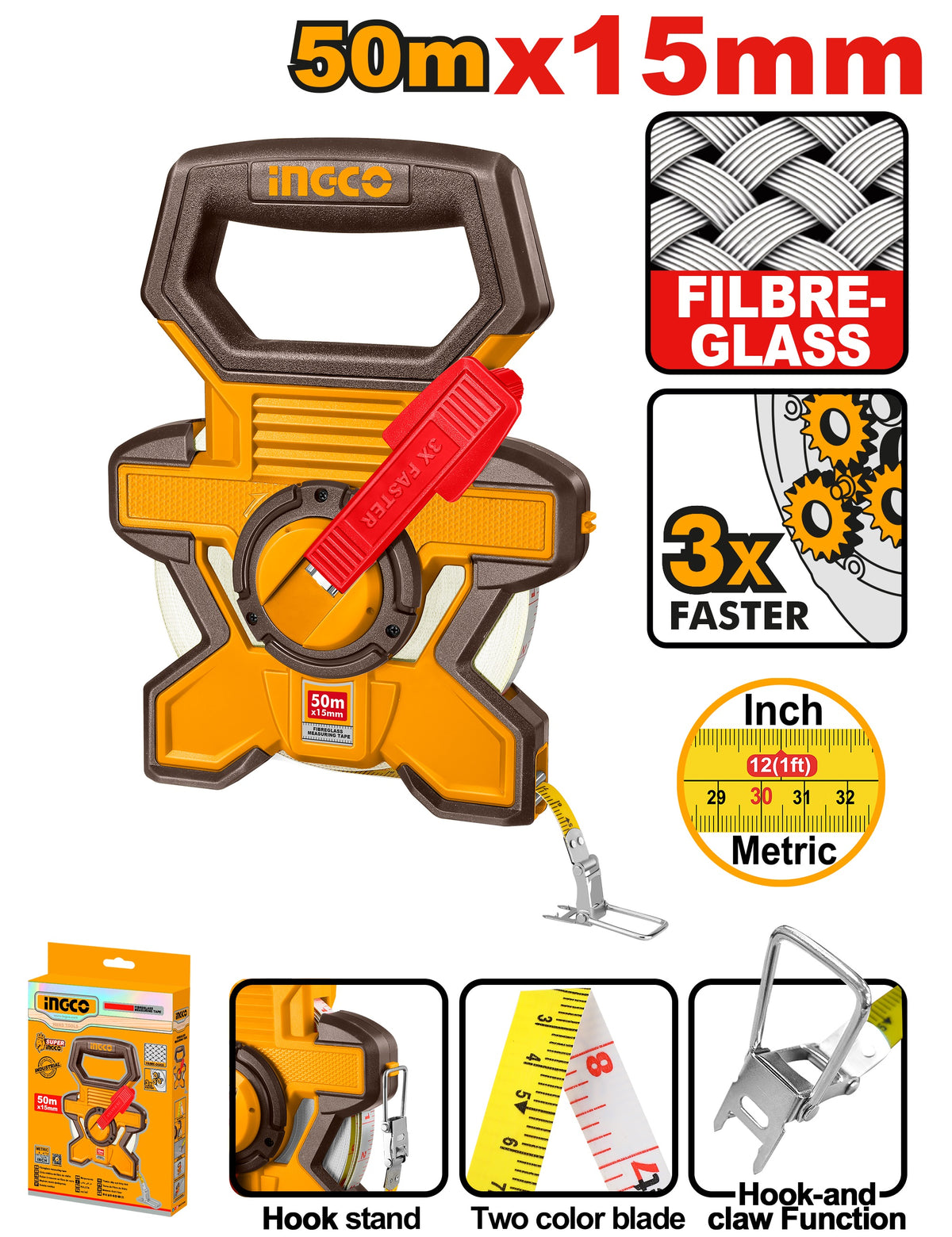 INGCO Fiberglass Measuring Tape 50m/165FT 15mm Blade Width HFMT1850