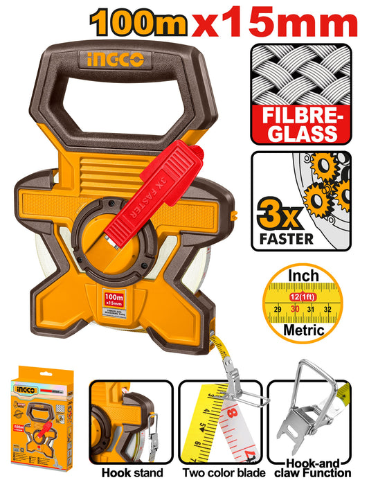 INGCO Fibreglass Measuring Tape Fast Rewind 15MMX100m/330FT HFMT18100