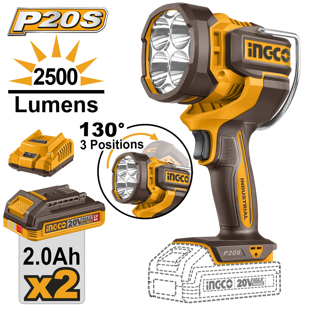 INGCO 20V LI-ION Work Lamp 22.55W 2500 Lumens 2X2.0Ah CWLI20887