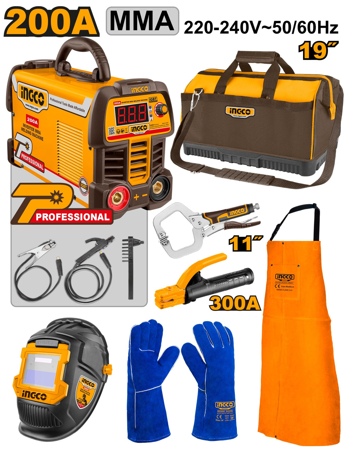 INGCO 7pcs Inverter MMA Welding Machine 200A + Tools set COS25075