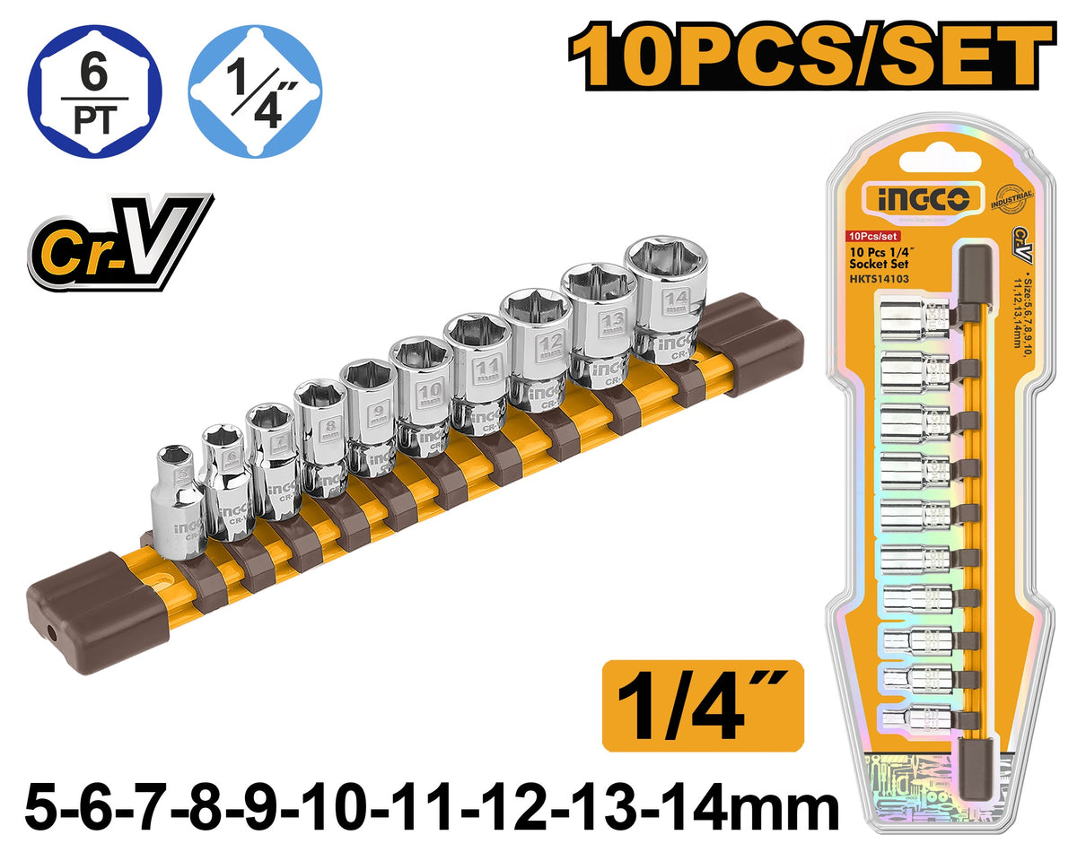 INGCO 10pcs 1/4" DR Socket set in Storage Rail 5-14mm HKTS14103