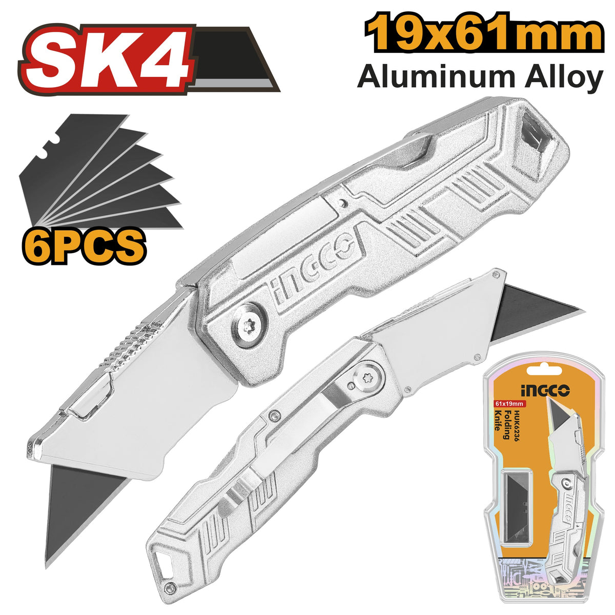 INGCO Alum Alloy Folding Knife + 5 pcs SK5 Blade HUK6236
