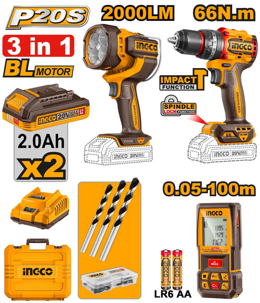 INGCO 3pc 66Nm Imp DRILL+2000LUM LAMP+100m Laser Distancer Combo COSLI250885