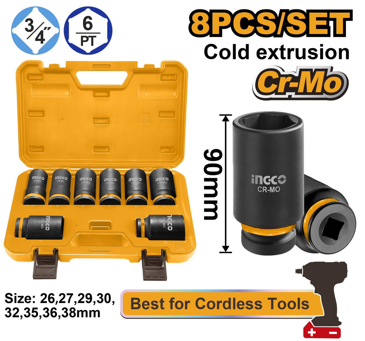 INGCO 8pcs 3/4" DR. CR-MO Deep Impact Socket set 26-38mm HKISSD34082L