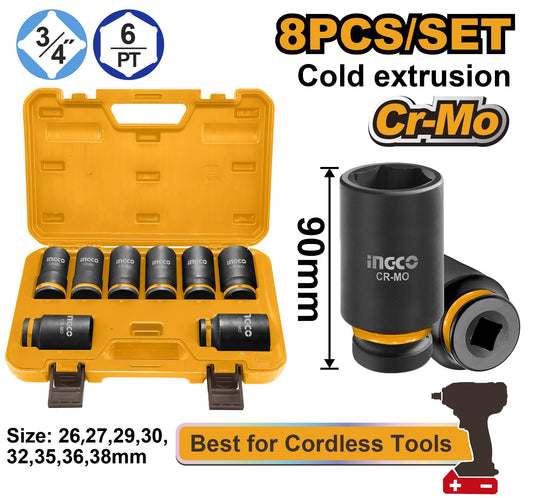 INGCO 8pcs 3/4" DR. CR-MO Deep Impact Socket set 26-38mm HKISSD34082L