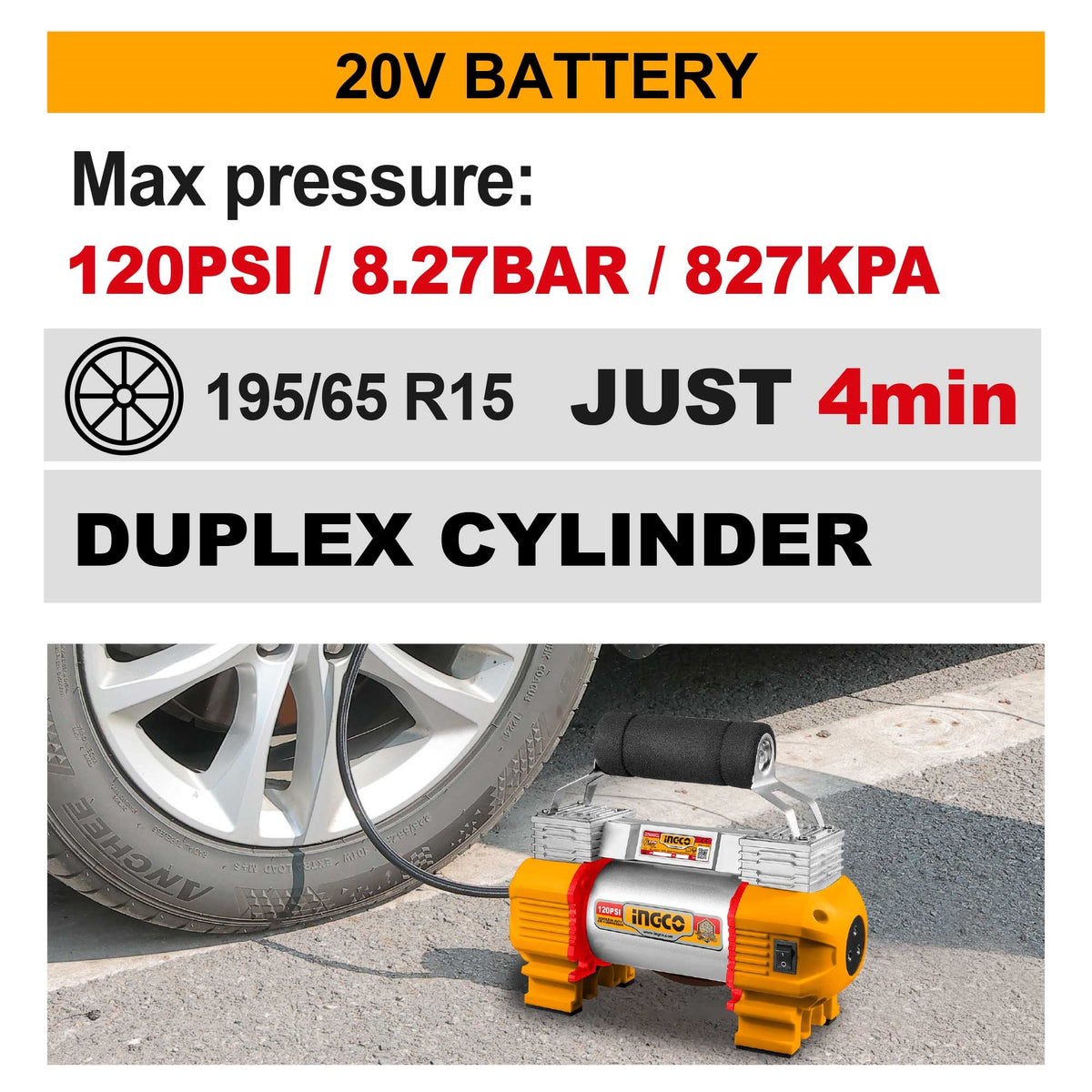 INGCO 20V Cordless Auto Air Compressor 120PSI (Bare Unit) CACLI2026 – view 2