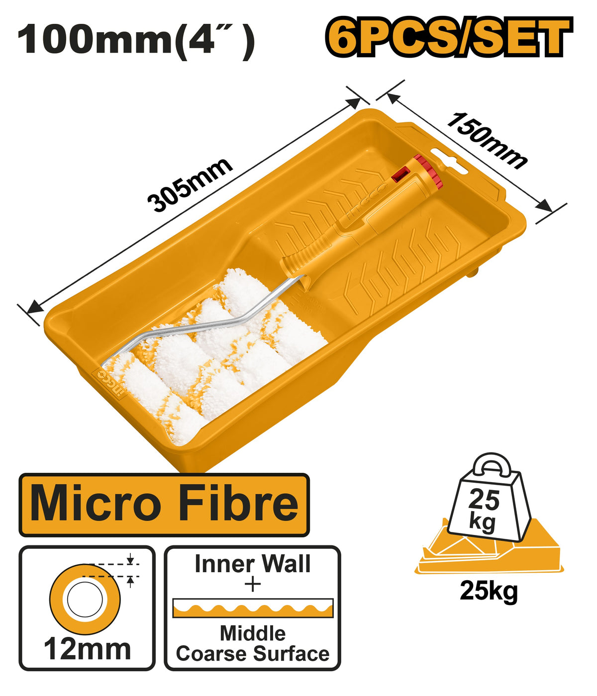 INGCO Paint Roller 4" W/ 5 Mirco Fibre Refills +tray set HKTCB061004