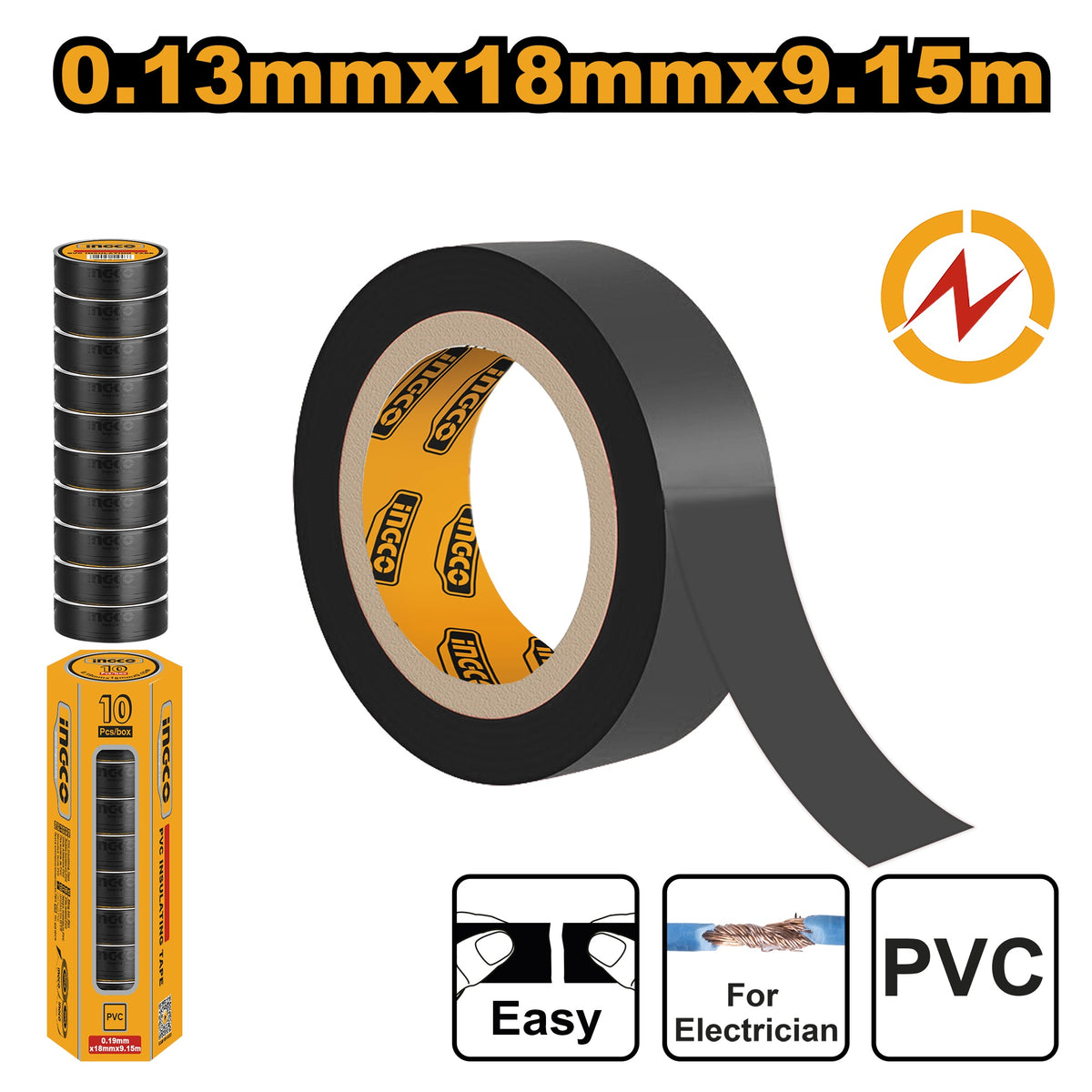 INGCO Fire Resistant PVC Insulation Tape Black 18MMX 10YDS HPET1103