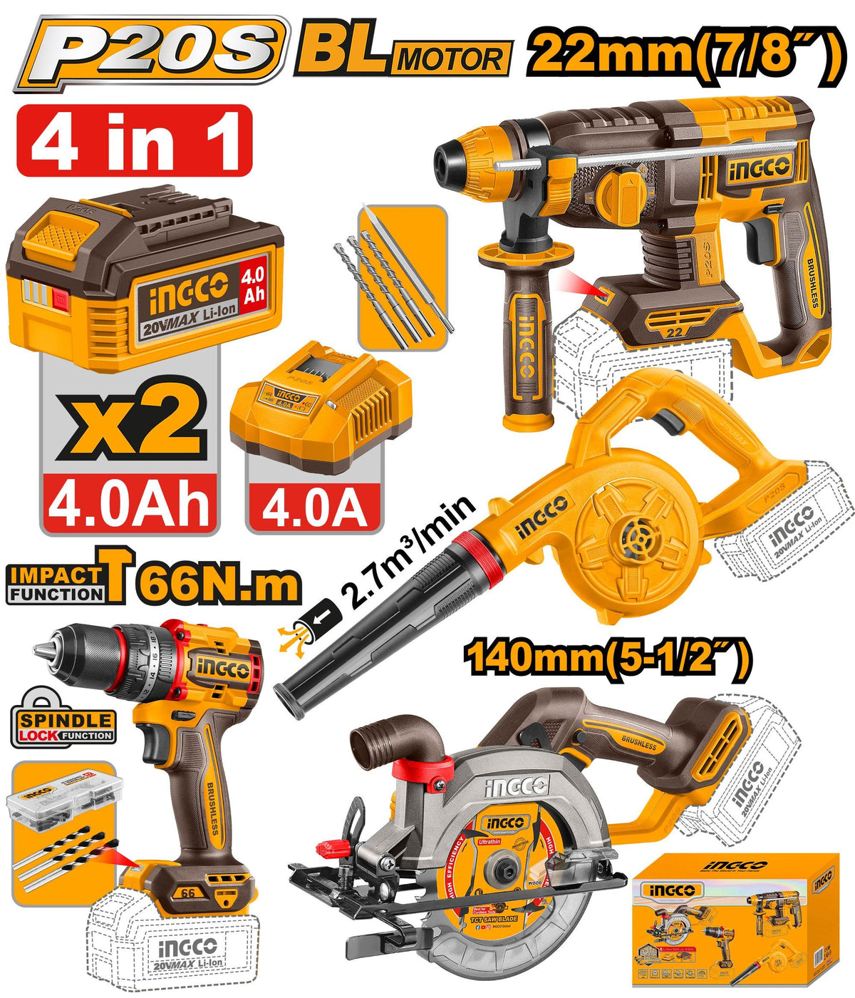 INGCO 4pc 66Nm Impact Drill+circular Saw+rotary Hammer+blower COSLI250695
