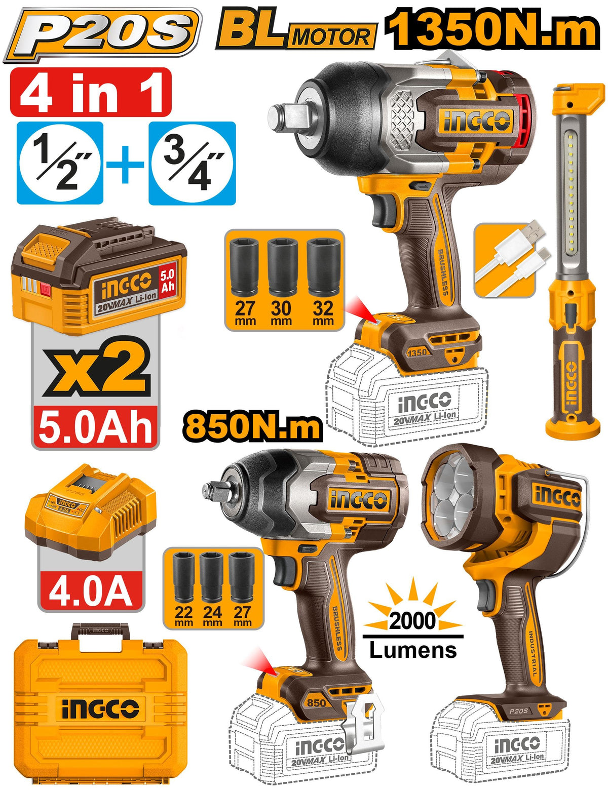 INGCO 4pcs set 1350 & 850Nm Impact Wrench + 2X LED Lamps COSLI250782