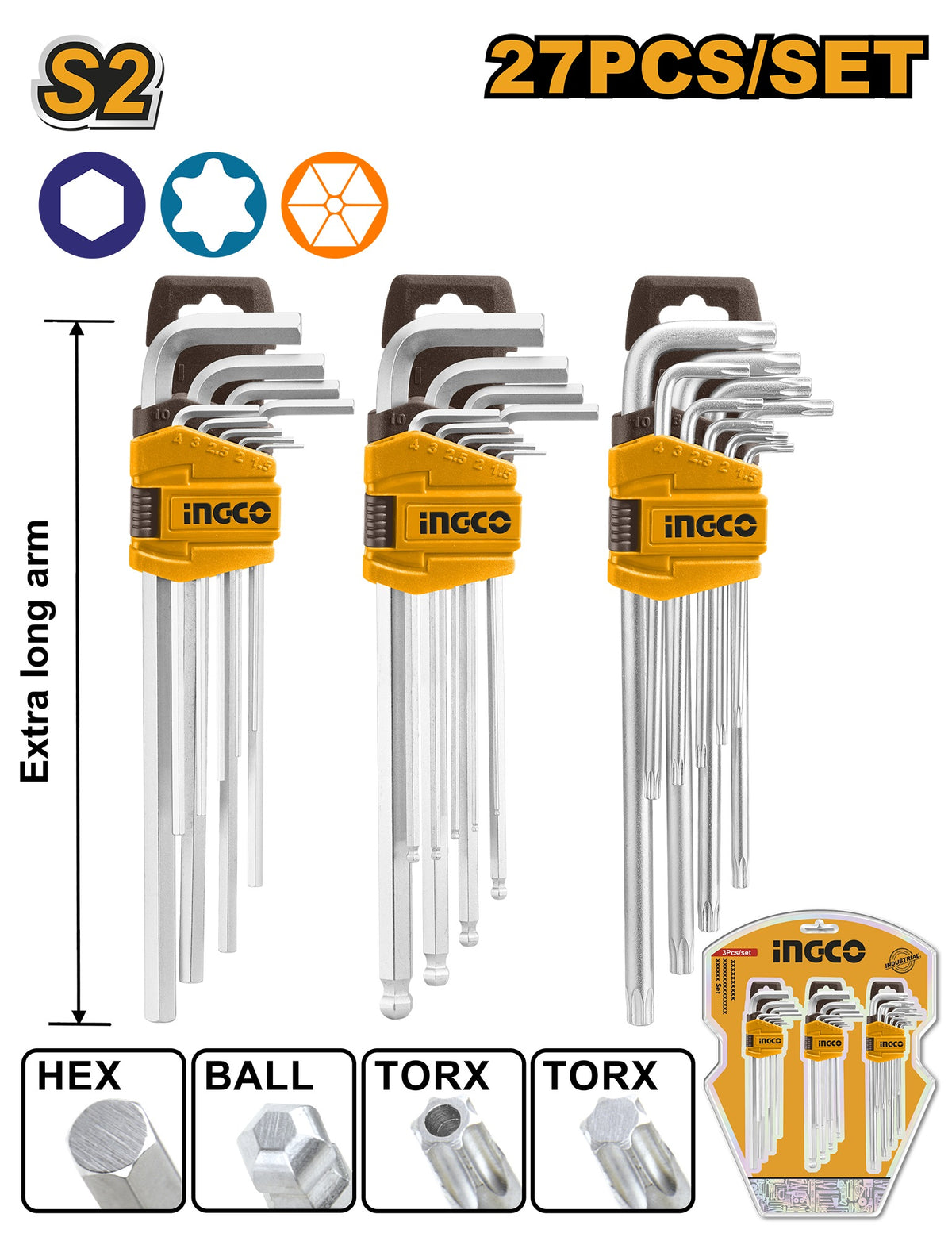 INGCO 27pcs Extra Long Hex Key+ball End Key+torx Key set HHKSET0271