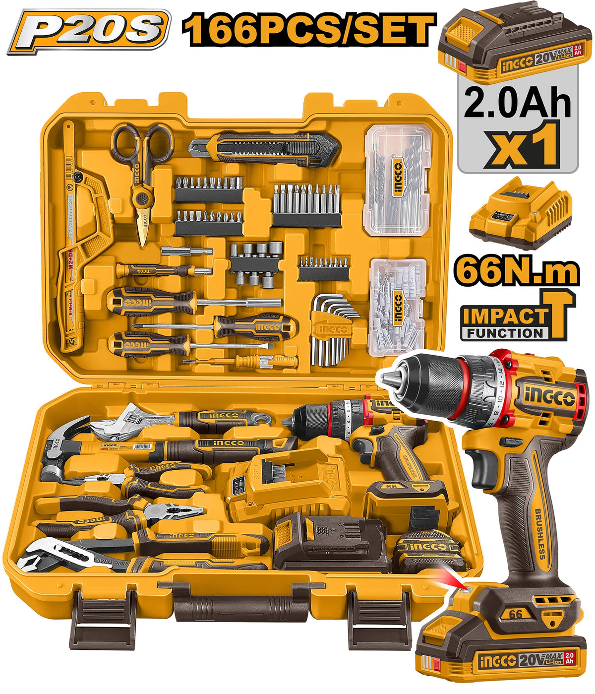 INGCO 20V Impact Drill 66Nm in 166pcs Tool Kit set HKTHP41662