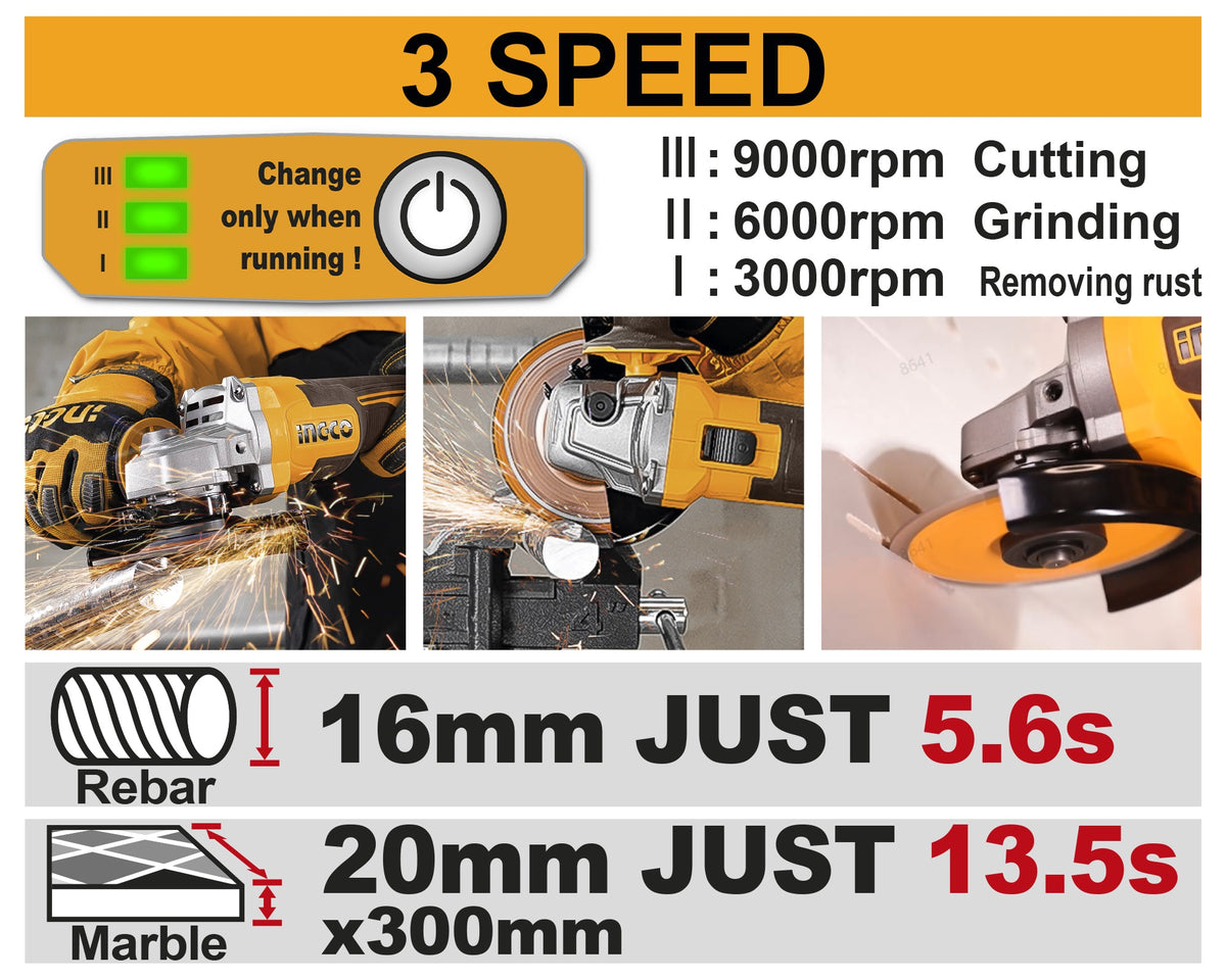 INGCO 20V LI-ION 3-SPEED Angle Grinder 4" 1200W 2X5.0Ah+CASE CAGLI2120232 – view 2