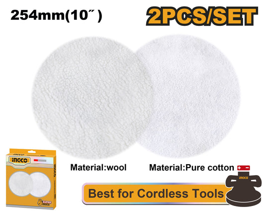 INGCO 2pcs 10" Polishing+cleaning Pads (Pure Wool & Pure Cotton) APP25402